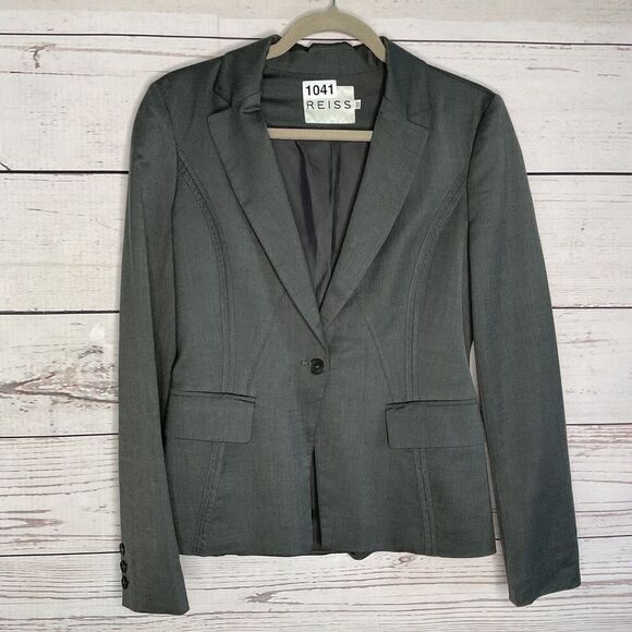 REISS Gray Blazer‎ Jacket One Button Single Women's Size 6 Wool Blend Neutral - Picture 3 of 10